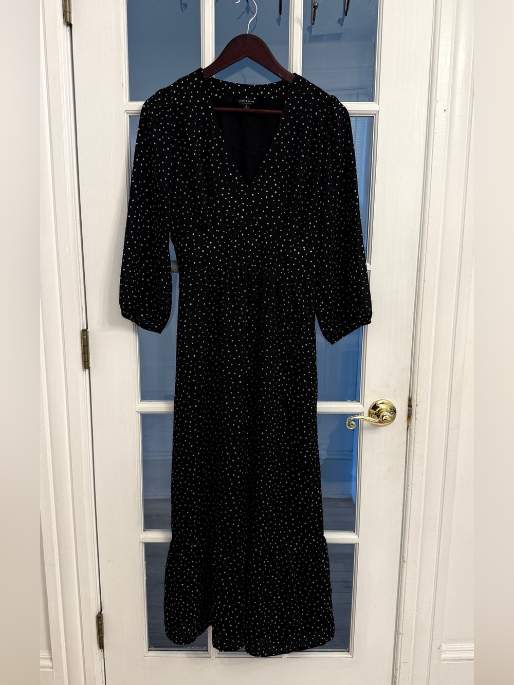 LUCKY BRAND Women’s Black White Polka Dot V-Neck Long Sleeve Maxi Dress Size M